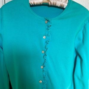 Lands End Ladies Cardigan Size MP with ruffle detail. Aqua, Excellent Condition
